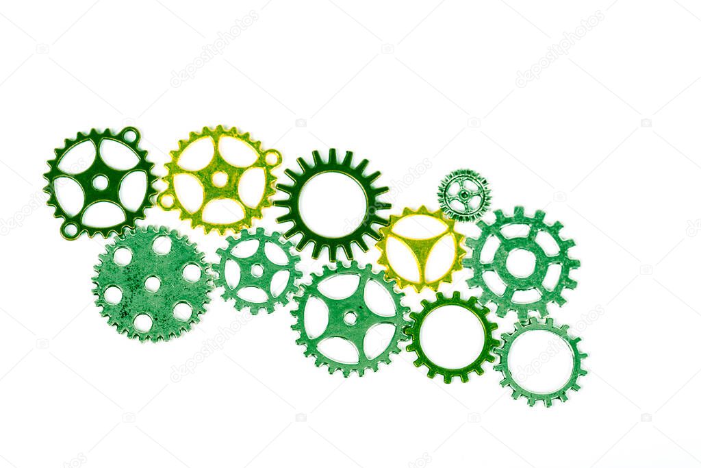 A large group of rusty transmission gears linked together on a white background. Transmission teamwork concept