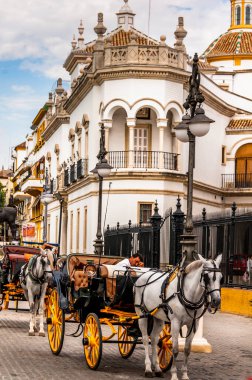 SEVILLE, İSPAN - Mart 2020. Plaza de Toros de la Maestranza, meydanda, dışarıda, Sevilla 'da. At arabası kapının önünde..
