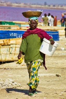 SENEGAL, AFRICA - MARSCH Circa, 2016. Kimliği belirsiz siyah Afrikalı kadın ve erkek Senegal 'deki Pembe Göl' de çiftçinin denizden tuz almaya geldiği yerde. Çok zor bir iş. Canlı renkler
