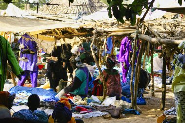 SENEGAL, AFRICA - MARSCH Circa, 2016. Köy pazarında manzara hayatı, otantik bir yer ve davranış. Canlı renkler