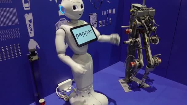 Robô de pimenta famoso movendo-se em Cite des Sciences, museu de tecnologia. Inteligência artificial — Vídeo de Stock