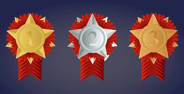 Чемпион золотых, серебряных и бронзовых медалей с красными лентами — стоковый вектор