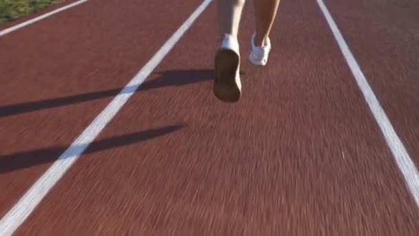 Atleet die op het circuit loopt bij zonsopgang. — Stockvideo