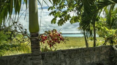 Bacalar şehir tüm ihtişamıyla. Model bu arka planı özel görünüyor. Antik kale veya burcu ve renkli plajları