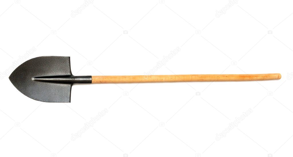 Shovel with wooden handle isolated on white background. Flat lay, top view