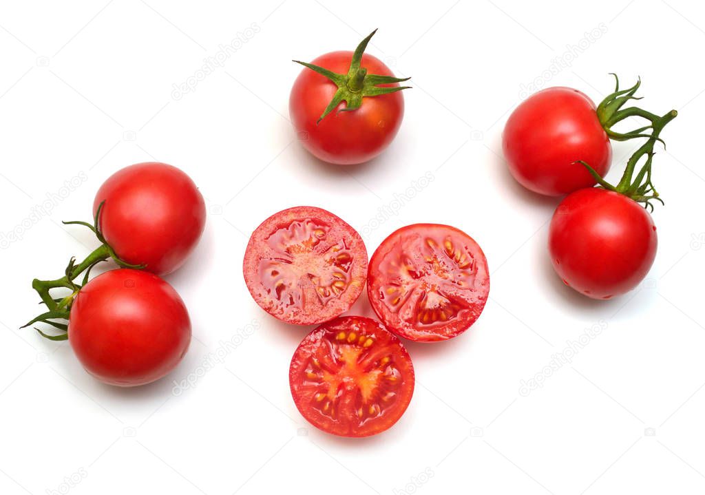 Tomatoes collection of whole and sliced isolated on white background. Tasty and healthy food. Flat lay, top view 