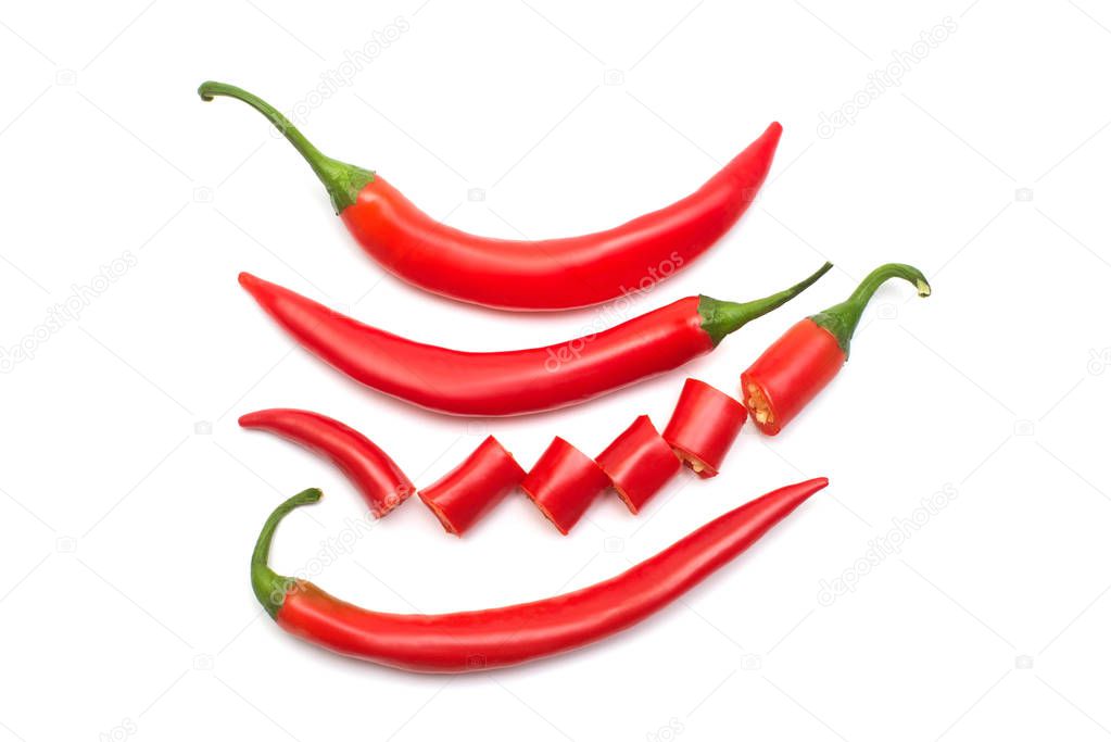 Collection red chili pepper cut into slices isolated on white background. Creative spicy sharp. Flat lay, top view