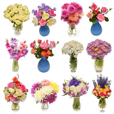 Beyaz arka plan üzerinde izole vazo güzel buketler çiçek koleksiyonu. Düz yatıyordu, en iyi görünümü 