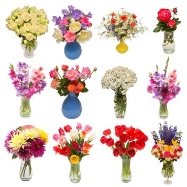 Beyaz arka plan üzerinde izole vazo güzel buketler çiçek koleksiyonu. Düz yatıyordu, en iyi görünümü 