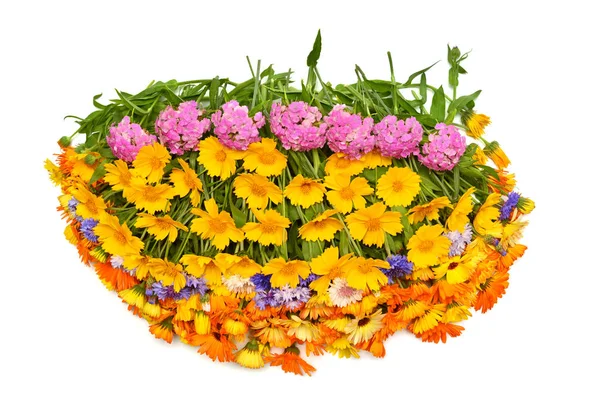 Csokor Gyönyörű Ovális Forma Virágokkal Körömvirág Koreopsis Carnation Búzavirág Sárga — Stock Fotó