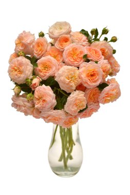 Turuncu beyaz arka plan üzerinde izole vazoda gül buketi. Narin çiçekler. Düz yatıyordu, en iyi görünüm. Çiçek desenli, nesne. Doğa kavramı. Düğün, Gelin, aşk