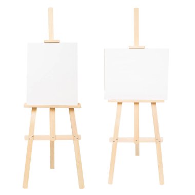 Collection easel empty for drawing isolated on white background. Vertical and horizontal paper sheets. Object, set. Wooden, mock up. Education, school, artist. Creative concept and idea of art clipart