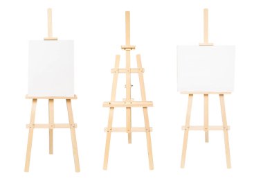 Collection easel empty for drawing isolated on white background. Vertical and horizontal paper sheets. Object, set. Wooden, mock up. Education, school, artist. Creative concept and idea of art clipart