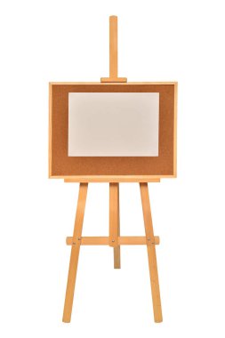 Şövale üzerinde beyaz arka plan izole çizim için boş. Yatay kağıt sayfalarının. Nesne, ayarlayın. Ahşap, sahte yukarı. Eğitim, okul, sanatçı. Yaratıcı kavramı ve fikir sanat