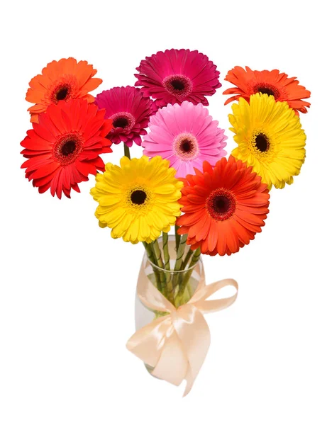 Bouquet Beautiful Delicate Flowers Gerberas Vase Bow Isolated White Background — Stock Photo, Image