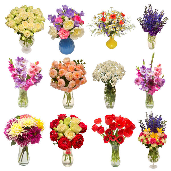 Collection of beautiful bouquets flowers in vases isolated on wh
