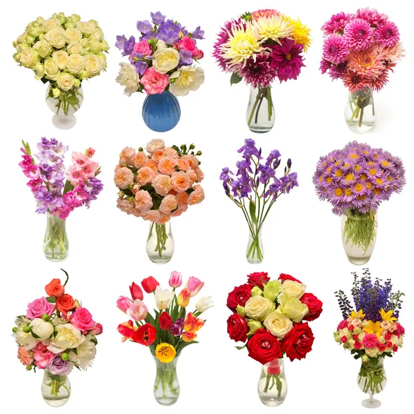 Collection of beautiful bouquets flowers in vases isolated on wh — Stock Photo, Image