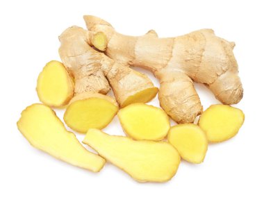 Taze zencefil kökü ve dilim beyaz arka plan üzerinde izole. Creati