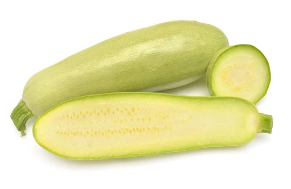 Frischer Kürbis Gemüsemark Zucchini ganze, halbe und Ringe iso — Stockfoto