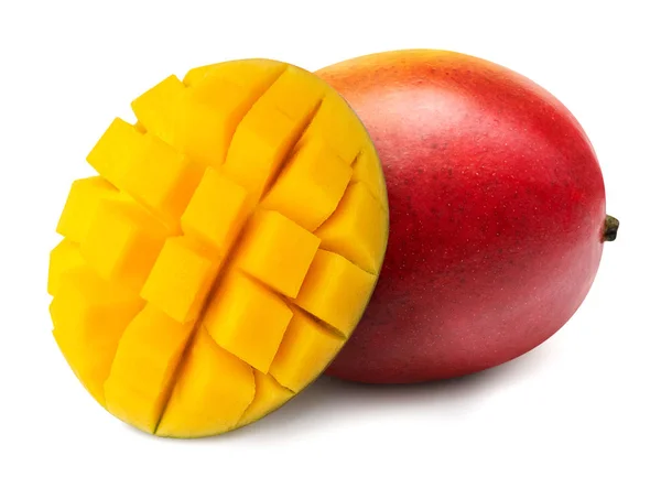 Fruto de mango entero y medio aislado sobre fondo blanco. Creativ —  Fotos de Stock