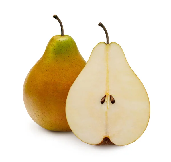 Pear whole and half isolated on white background. Top view, flat — Stock Photo, Image