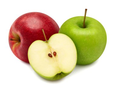 Güzel yeşil ve kırmızı elma ve yarım izole beyaz arka plan müziği