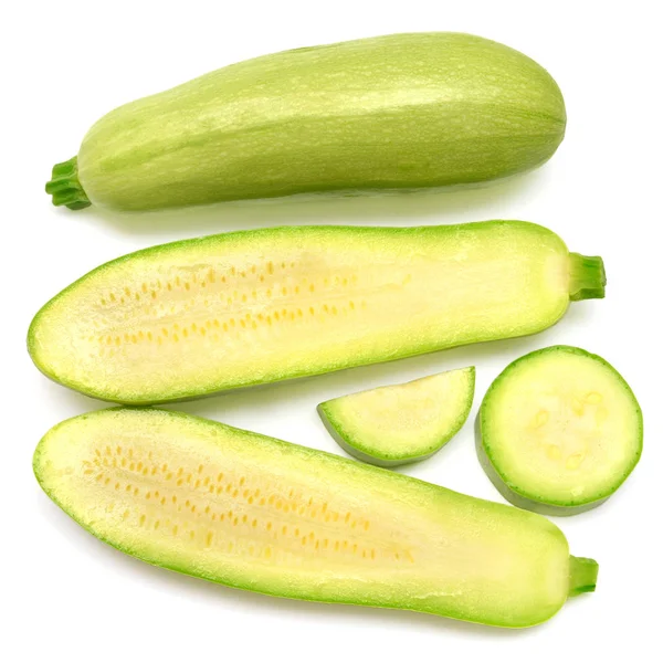 Frischer Kürbis Gemüsemark Zucchini ganze, halbe und Ringe iso — Stockfoto