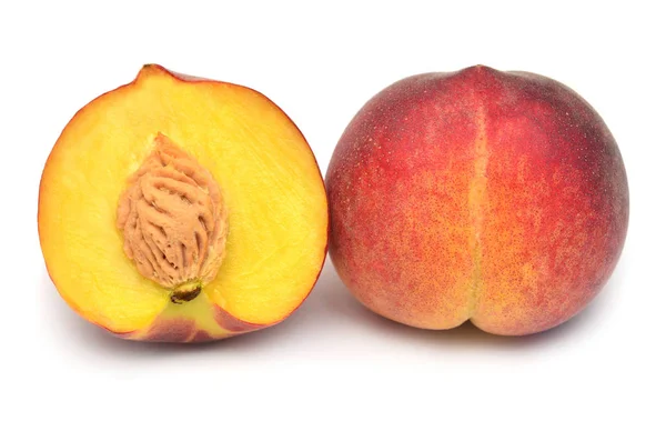 Peach fruit whole and half isolated on white background. Flat la — Stock Photo, Image