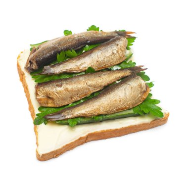 Ekmek, sprats ve maydanoz beyaz backgr izole sandviç
