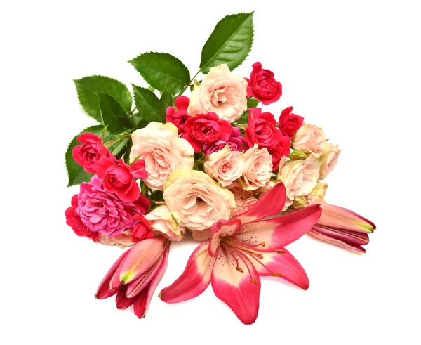 Kwiaty Lilie Róże Liści Izolowanych Białym Tle Piękny Bukiet Kreatywna — Zdjęcie stockowe