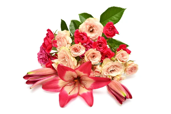 Virágok Liliom Rózsa Levelek Elszigetelt Fehér Alapon Gyönyörű Csokor Kreatív — Stock Fotó