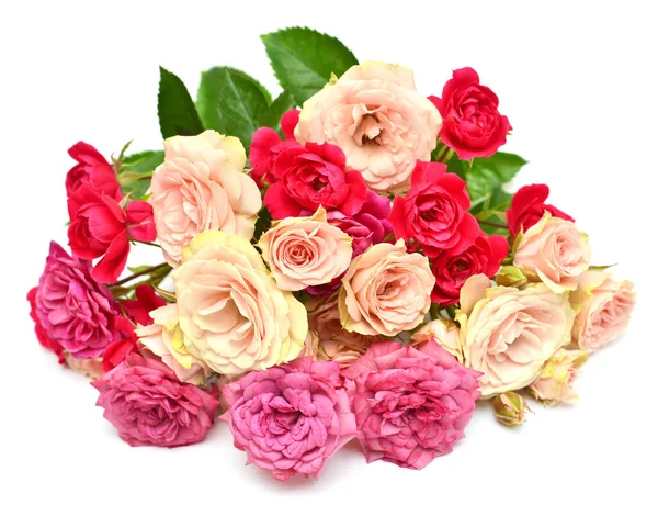 Ramo Rosas Flores Con Hojas Aisladas Sobre Fondo Blanco Composición — Foto de Stock