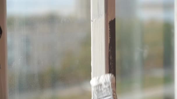 Girl Paints Balcony Railing White Paint — Stock Video