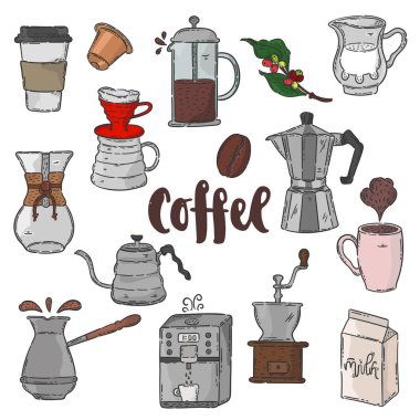 Çizilen illüstrasyon vektör ver. Kahve seti ve yazı. Fikir düşman Cafe ve Restoran.
