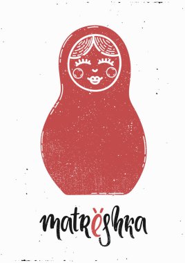 Elle çizilmiş illüstrasyon vektör. Poster ev için. Matrioshka, Rusya Federasyonu, Milli. Yazı.