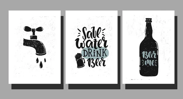 Vector Hand Drawn Illustration Set Poster Bar Water Drink Beer — Stock Vector