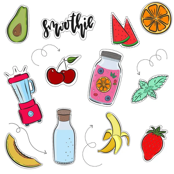 Ilustração Desenhada Mão Vetorial Batido Letras Ponha Icon Frutas Berrys — Vetor de Stock