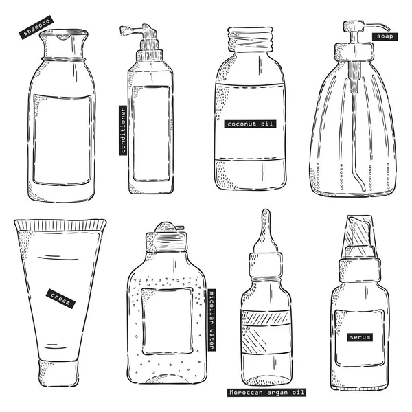 Vector Hand Getekende Illustratie Potten Flessen Set Designelementen Voor Behoeften — Stockvector