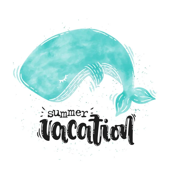 ベクターの手 Drawm クジラは 青い海 水彩画 レタリング 夏休みで泳ぐ デザイン シャツ Web — ストックベクタ
