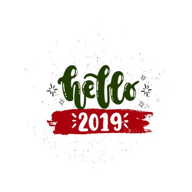 Çizilen illüstrasyon vektör ver. Merhaba 2019, mutlu yeni yıl yazı. Fikir için poster, kartpostal.
