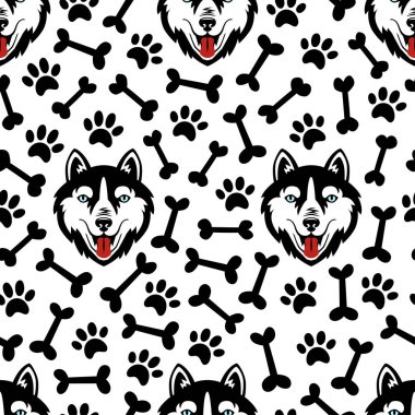 Husky köpek siyah beyaz vektör seamless modeli.