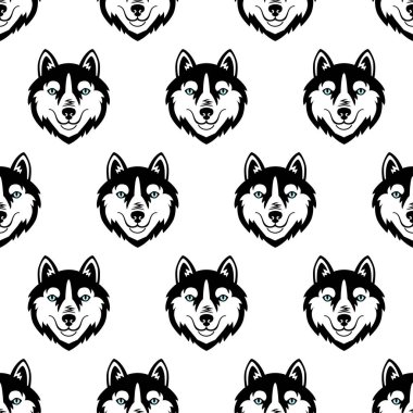 Husky kafa köpeği siyah ve beyaz vektör Dikişsiz desen.