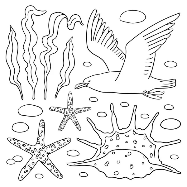 Sea ikoner Vector set. Marintema målarbok — Stock vektor