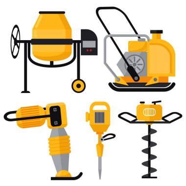 Düz tarzda ayarlanmış İnşaat ekipmanları vektör simgeleri.