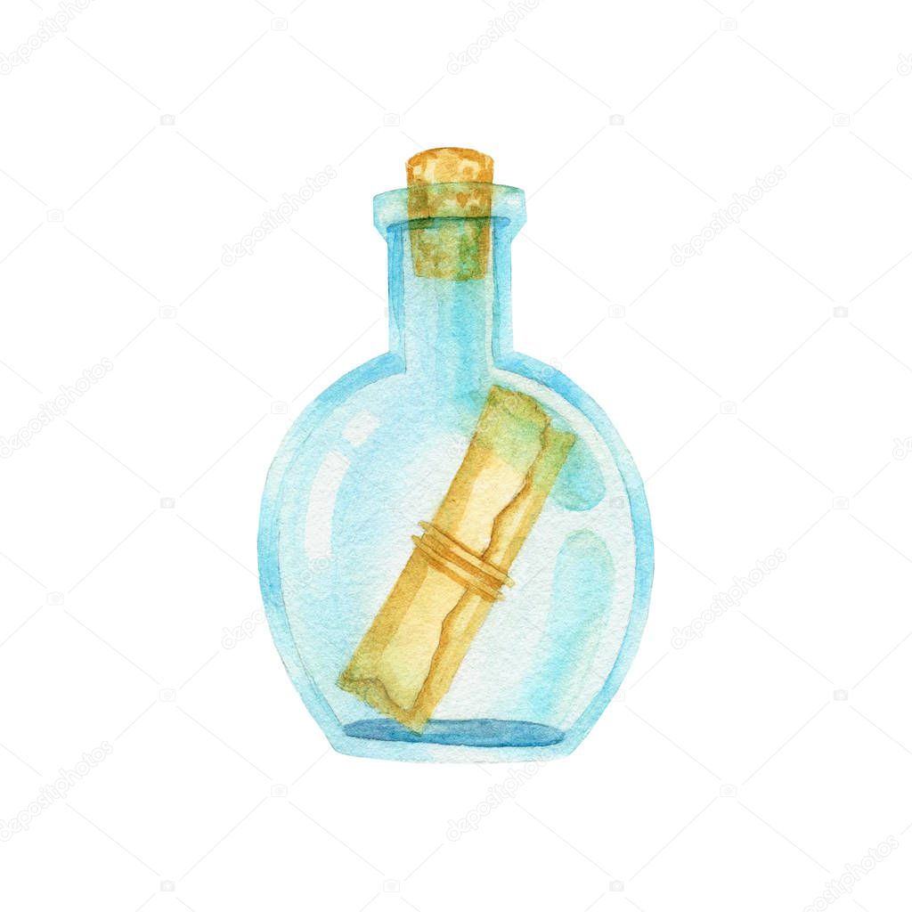 Bottle with a letter inside watercolor hand painted illustration.