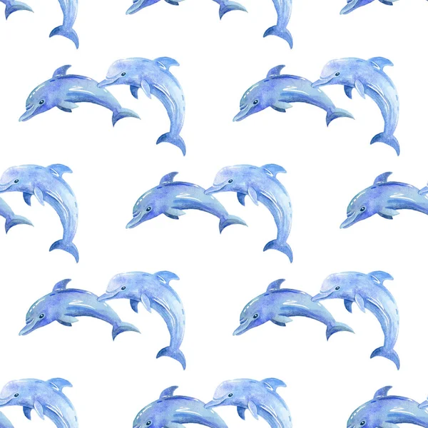 Dolphin watercolor hand painted seamless pattern. Sea background.