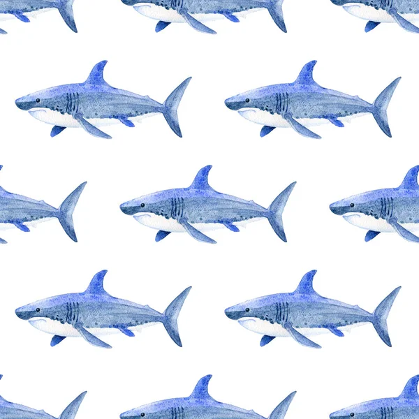 Shark watercolor hand painted seamless pattern. Sea background.