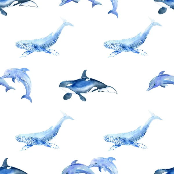 Delphin, Hai, Wal, Killerwal Aquarell Hand bemalt nahtlose Muster. — Stockfoto