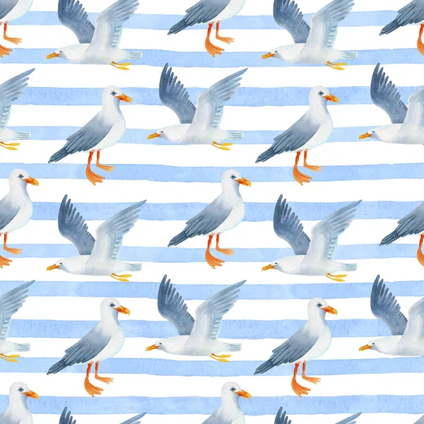 Çizgili arka plan suluboya el üzerinde Martı dikişsiz desen boyalı.