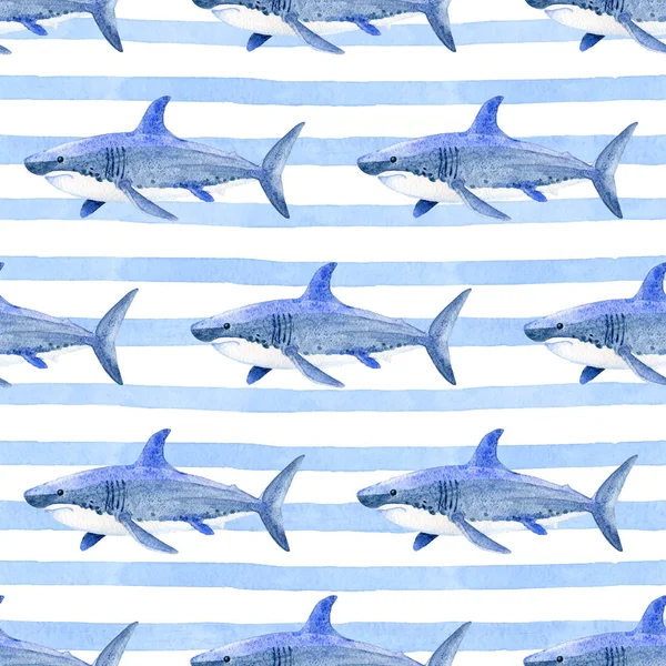 Hai auf gestreiftem Hintergrund Aquarell Hand bemalt nahtlose Muster. — Stockfoto